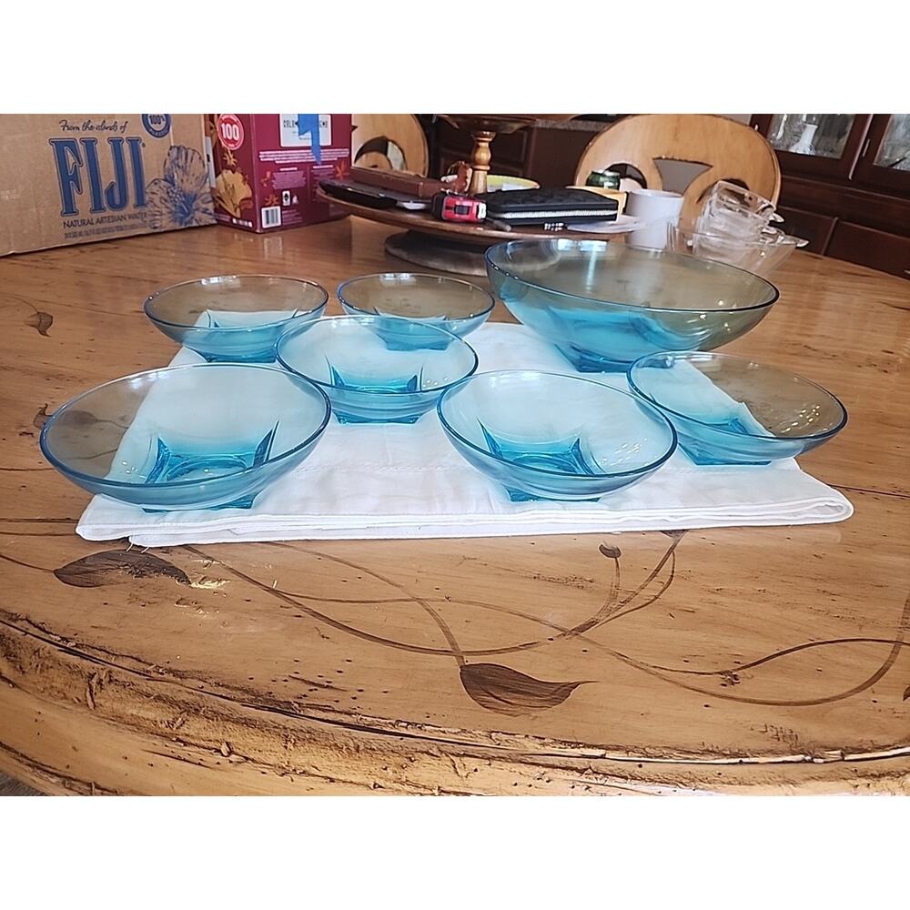 MCM Glassware Hazel Atlas Capri Colonial Azure Blue Glass Salad Serving Set - Picture 4 of 9